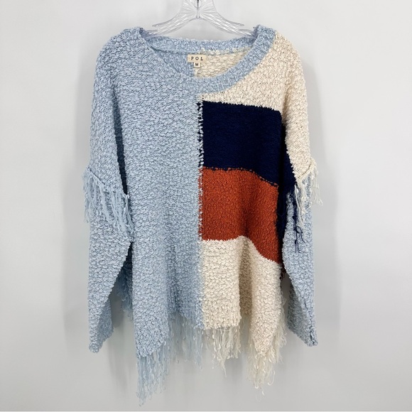 Pol Fringed Color Block Popcorn Knit Patchwork Oversized Sweater Blue Size M - Picture 3 of 11